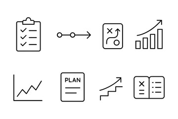 Minimalist icons for planning and strategy: checklist, growth, diagram