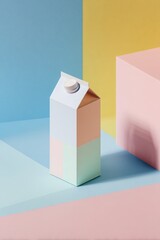 Fototapeta premium A pastelcolored milk carton stands against a vibrant geometric background of blue, pink, and yellow hues. Milk carton mockup