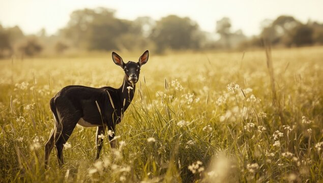 Young female babyrousa in a lush field, illustrating species habitat preservation efforts