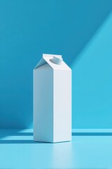A minimalist white milk carton stands on a bright blue background, casting a subtle shadow. Milk carton mockup
