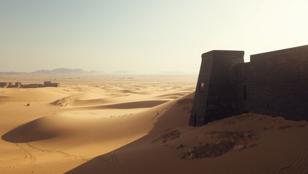 Nubian archaeological site with old tombs and black stone walls along the Nile, highlighting desert erosion risk, heritage preservation