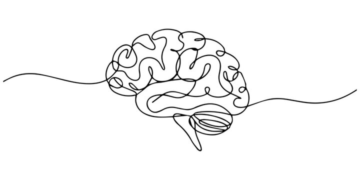 Human brain continuous one line drawing of art vector illustration and intelligence outline concept, One line brain sketch poster drawing with frame. Abstract minimal,  Vector illustration of neurolog