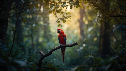 Fototapeta premium Vibrant parrot perched in lush natural environment for wildlife documentation