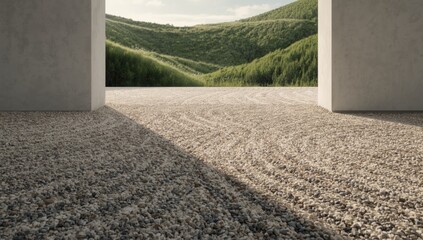 Rough gravel textures incorporated into modern building and landscape designs, focusing on material performance and visual interest