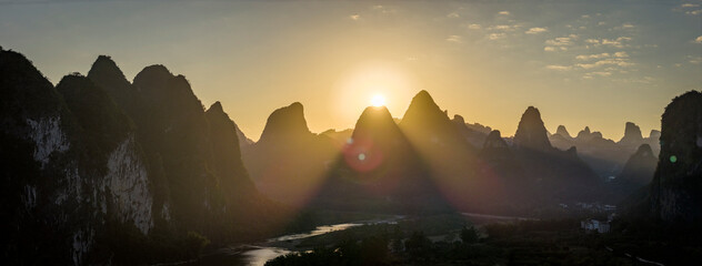 The Mountain Landscape in Yangshuo at Sunset Guilin