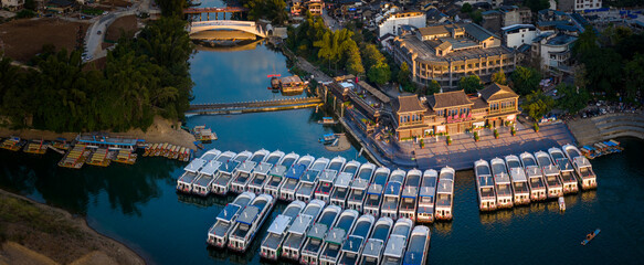 Tourboats on Li River in Yangshuo County, Guangxi Province, China