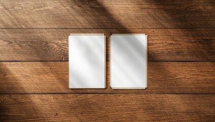 Paper documents and envelope arranged on a wooden background designed for office or mailing purposes, top view