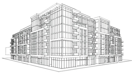 Isometric perspective drawing of a modern multi-story residential apartment complex