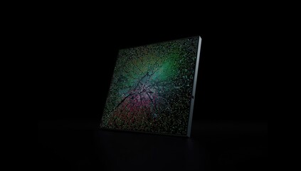 Fragmented LED display exhibiting pixelated graphics, suitable for technology or repair themes