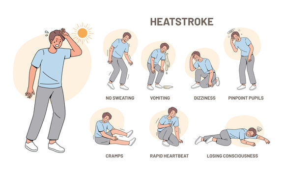 Medical infographic illustrating common symptoms of heatstroke and heat exhaustion. Heat Stroke illustration. Flat Vector.