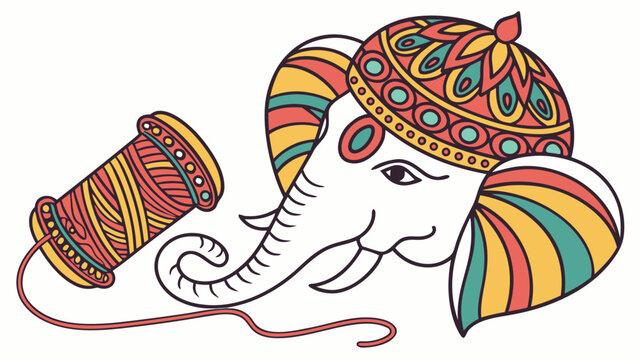 Traditional Indian Elephant Head Illustration & Spool. Auspicious Festival Art