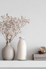 A minimalist shelf displays a milk bottle and a vase with dried flowers against a soft white backdrop. Milk carton mockup