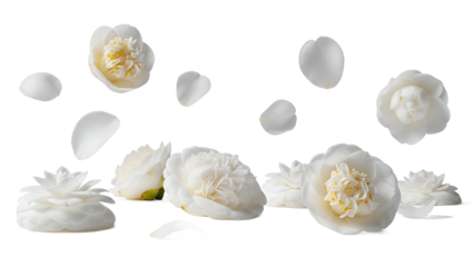 White flowers and petals suspended in mid-air against a plain white background