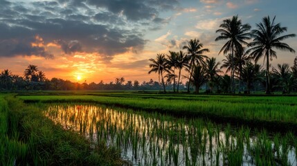 A serene landscape capturing a stunning sunset over lush, green rice fields bordered by tall palm trees. The tranquil scene reflects the vibrant colors of the sky in the waterlogged paddies, creating 