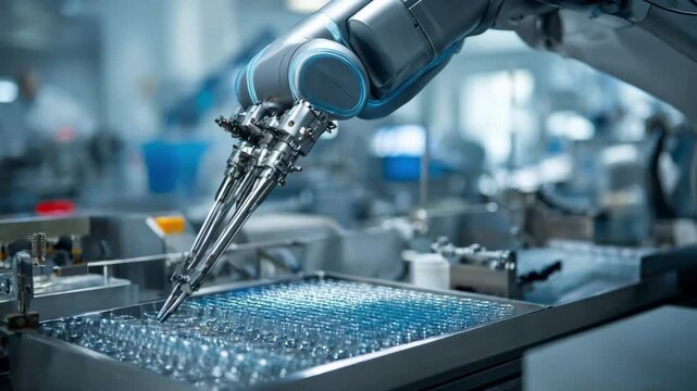 Medium shot of a brushless robotic arm meticulously cleaning surgical instruments in a sterile lab environment highlighting precision automation in sterilization processes