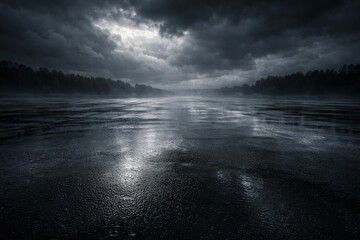 Dark Rainy Landscape with Water Reflection Storm Clouds Over Wet Ground Reflection
