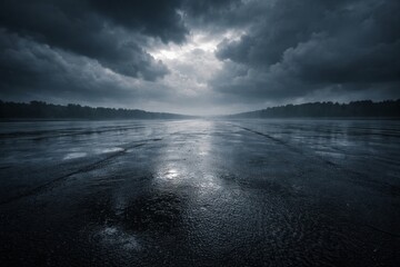 Rainy Asphalt Road with Sky Reflection Moody Wet Road Landscape Under Storm Clouds