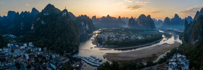 The Mountain Landscape Dusk in Li River Yangshuo at Guilin, Guangxi