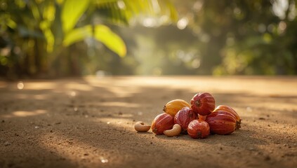 Cashew fruit ripening and dropping naturally, highlighting tropical crop and aroma, International Harvest Festival