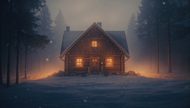 Mountain cabin covered in snow amidst a night fog, highlighting rural isolation, winter season, World Snow Day