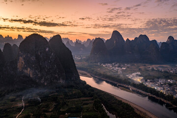The Mountain Landscape in Yangshuo at Dusk, Guilin