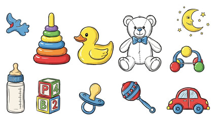 Fototapeta premium Collection of colorful baby toys including a rubber duck, teddy bear, and building blocks.