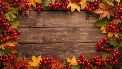 Vibrant autumn leaves and berries laid on weathered wood, natural background for fall decor