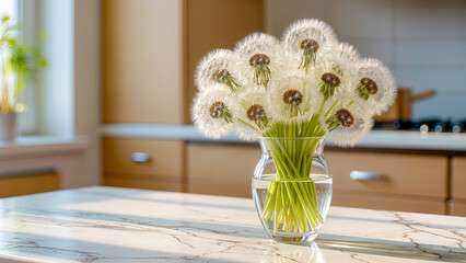An aesthetic still life with white dandelions in a clear vase on a marble countertop. The backdrop is a bright, cozy Scandinavian-style kitchen. Sunlight creates an atmosphere of spring, cleanliness, 