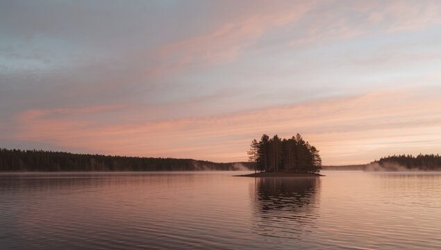 Shoreline trees beside a calm lake during sunset with colorful clouds, highlighting landscape and serenity