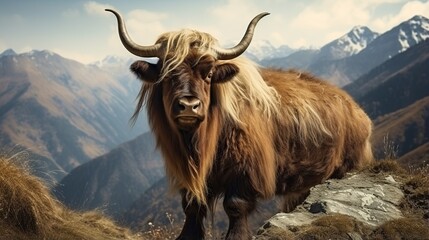 A majestic long-horned Highland cow stands proudly on a rocky alpine ledge with distant mountains