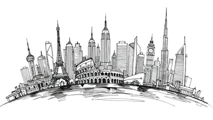 Fototapeta premium Panoramic silhouette of iconic world landmarks on a curved horizon
