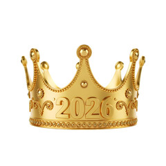 Golden crown with 2026 inscription 3d rendered isolated on transparent background