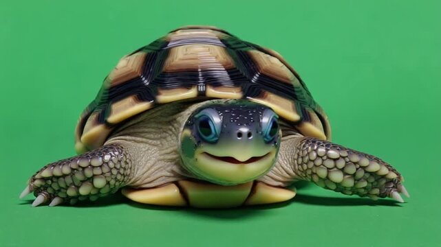 Adorable toy turtle with big eyes on green background