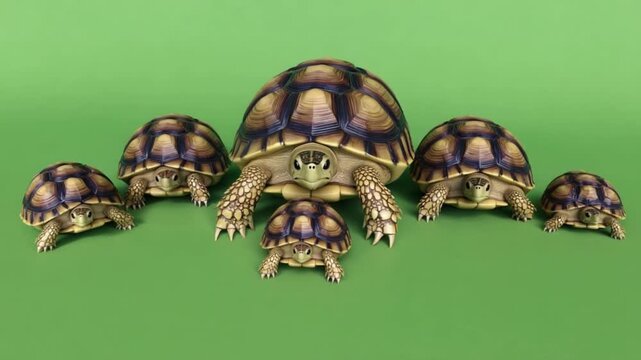 Group of tortoises crawling on green background