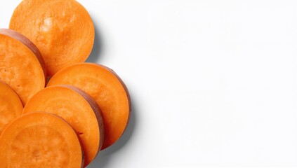 Sweet potato slices arranged horizontally against a white backdrop for culinary display or food styling
