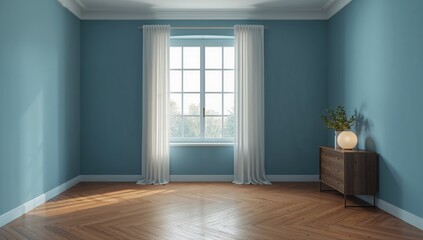 Obraz premium Minimalist blue room with wooden flooring and expansive wall, suitable as a UI background in interior layouts