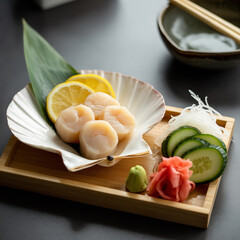 Fresh Scallop Sashimi Appetizer Served in a White Shell with Lemon Slices Ginger Wasabi and Cucumber on Bamboo Tray