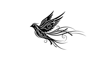 Obraz premium Graceful Stylized Flying Bird with Swirling Feathers Design on Isolated White Background
