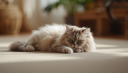 Portrait of a long-haired Siberian cat with green eyes resting indoors, highlighting pet relaxation, World Pet Day