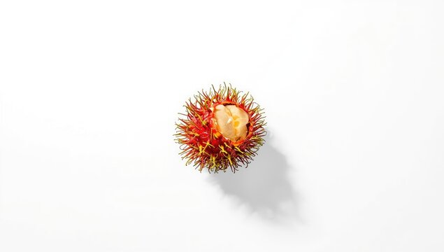 Close-up of rambutans on a plain white surface, highlighting their textured skin for food presentation
