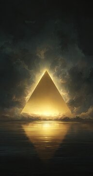 A golden pyramid bathed in ethereal light reflected on calm water, amidst a dark, stormy sky