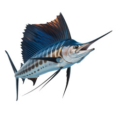 Atlantic Sailfish Illustration Isolated on White Background featuring Vibrant Blue Dorsal Fin and Characteristic Long Bill