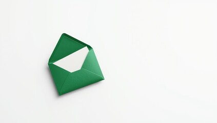 Green envelope and thank you note on white surface, serve as stationery for correspondence, background for text layout, World Letter Writing Day