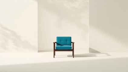 Chair with a matching blue cushion placed on a plain white backdrop for editorial or web layout purposes