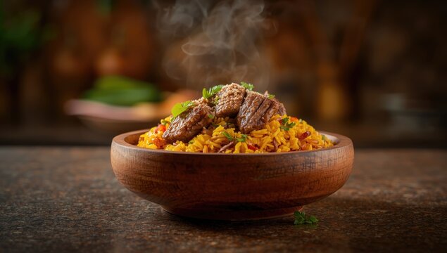Hearty meat and rice pilaf with zira in a rustic wooden bowl, highlighting authentic preparation and spice use, International Culinary Day