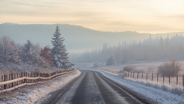 Snow-covered road through Bromont mountain in Quebec, highlighting winter weather impact on terrain