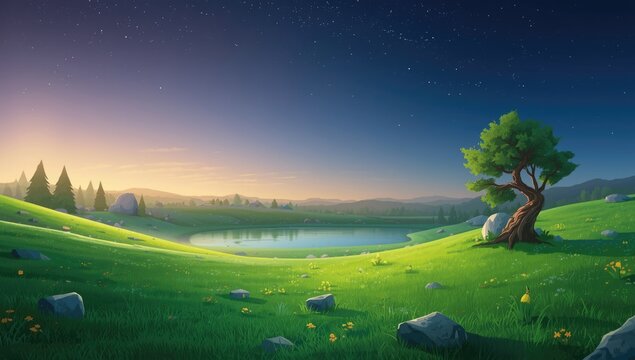 2D illustrated cartoon scene featuring a tranquil grass field with pond and rocks during early morning and evening, environmental awareness