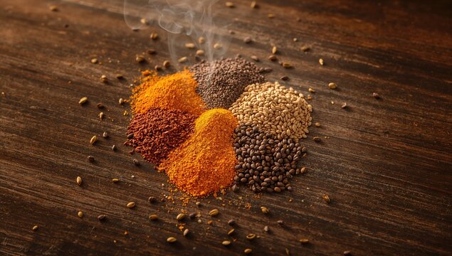 Assorted five spice blend containing cumin, mustard, fenugreek, nigella, and fennel seeds, designed for enhancing food aroma and taste