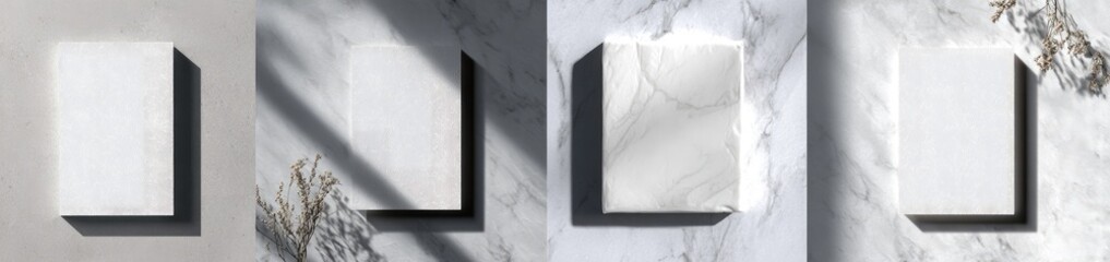White boxes with shadows on marble and textured gray background
