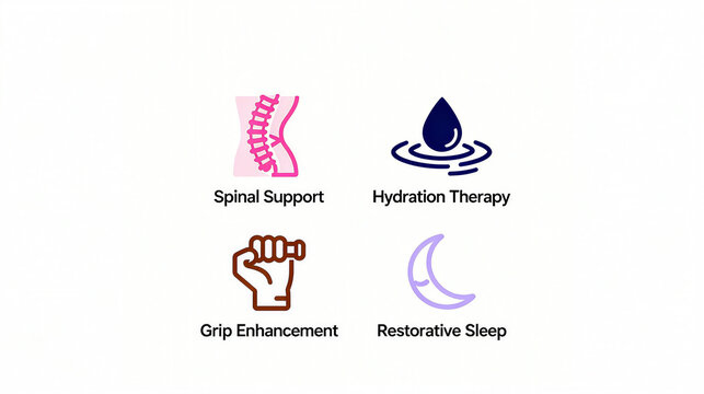 Elements such as spinal support and hydration therapy represent the rehabilitation function of strengthening grip strength and repairing sleep, and are suitable for medical materials.
